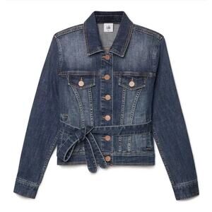 Cabi Dylan Belted Denim Jean‎ Jacket Raw Hem Fitted Button Front Blue Size L